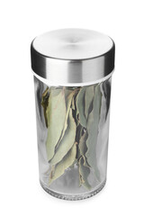 Dried bay leaves in spice jar isolated on white