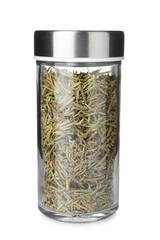 Dried rosemary in spice jar isolated on white