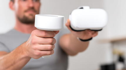 Man holding virtual reality headset and controller in indoor setting