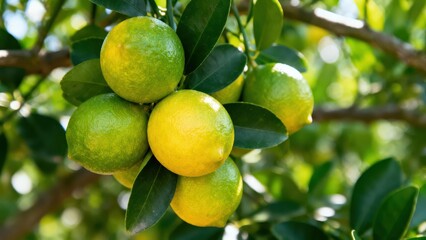 view of a cluster of vibrant limes and lemons hanging from branches, showcasing the bright yellow and green hues of the citrus fruits amidst lush foliage.