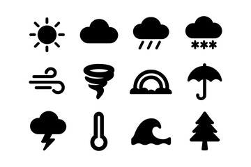 Black weather icon set: sun, cloud, rain, snow, wind, tornado, rainbow, umbrella, storm, thermometer, wave, tree