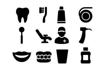 Dental silhouette icons set: tooth, brush, dentist tools and oral care items