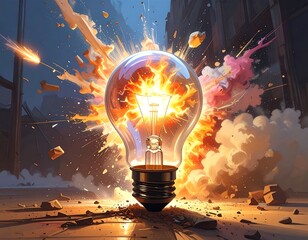 A lightbulb explodes in a cityscape