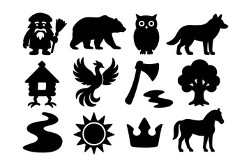 Silhouette icons: forest animals, fantasy creatures, and nature elements