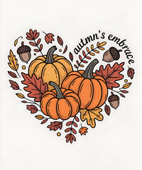 Heartshaped autumn design with pumpkins, leaves, and acorns