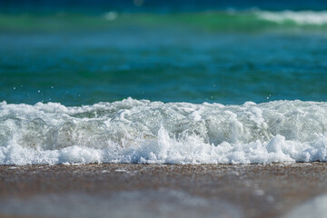 Rolling surf meeting beach under vibrant daylight.