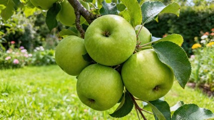 view of several vibrant green apples hanging from a branch in a lush garden setting.