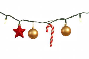 Christmas string light garland with red star, golden baubles, and candy cane decorating holidays, transparent background