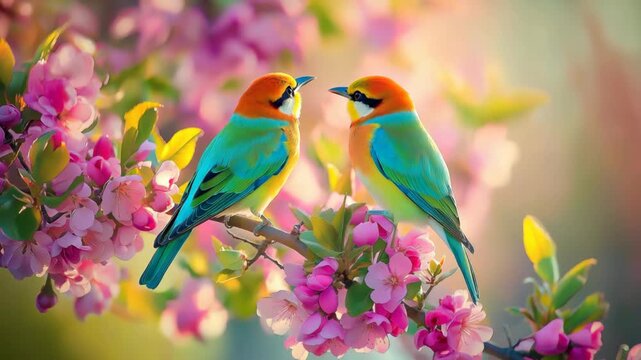 two love bird, colorful spring cute two birds on cheery blossom flower branch in misty fog dreamy nature landscape	