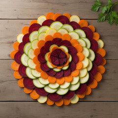 Composition of sliced vegetables like zucchini, carrots, and beets