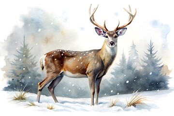 Obraz premium Watercolor painting of a majestic deer standing in a snowy forest, isolated on white background