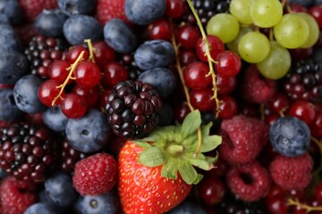 Different ripe berries as background, above view