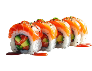 A delicious display of salmon sushi rolls, showcasing vibrant colors and textures.