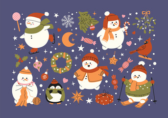 Colorful set of Christmas with cute snowman, Red Cardinal bird, penguin, candies, decorations. Hand drawn funny characters. Cartoon elements for holiday decoration, prints, invitation, scrapbooking