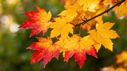 Vibrant autumn leaves display stunning shades of red and gold against a blurred backdrop of nature.