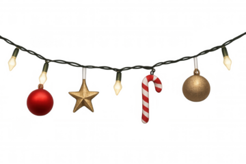 Christmas string lights with baubles, candy cane, and golden star on transparent background