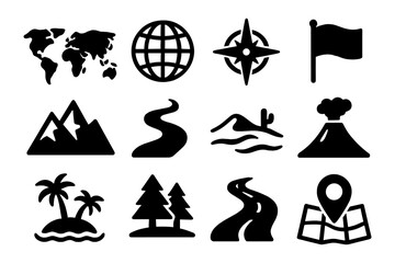 Travel icons set including map, mountain, and volcano elements in black silhouette style