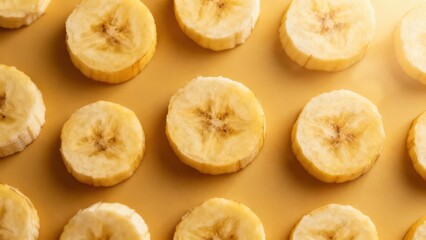 Circular slices of a banana arranged in a symmetrical pattern on a pale, sandy-yellow backdrop, showcasing the fruit's vibrant yellow color and creating a visually appealing design.