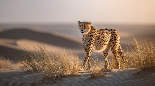 Cheetah sprinting across golden desert dunes during sunset in wild savannah habitat - Powered by Adobe