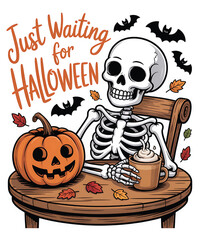 Skeleton sitting at table with pumpkin and drink, waiting for halloween