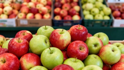 view of a vibrant display of red and green apples, piled high in a market setting.