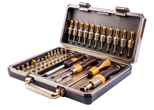Open Tool Box with Screwdriver Set and Assorted Bits tool kit drivers isolated on a transparent background