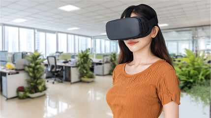 Woman wearing virtual reality headset in modern office environment