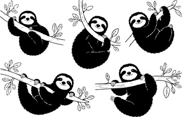 Cute Sloth Hanging on Tree Silhouette Collection