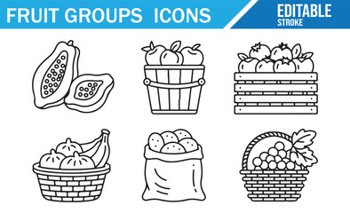 Fruit Basket and Group Icons for Agricultural and Food Industry