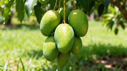 Lush green mangoes hang from branches in a sunny orchard.