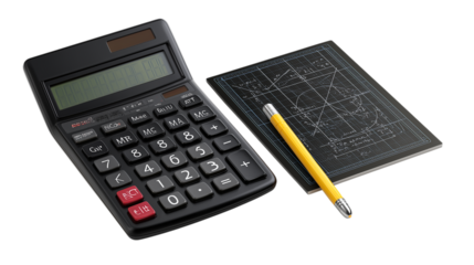 A calculator and a pencil are on a white background