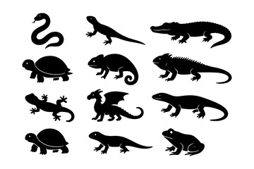 Fototapeta premium Black silhouette collection of reptiles and amphibians on white background
