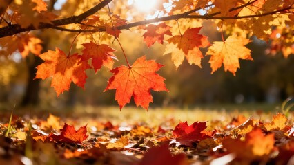 Vibrant autumn leaves, bathed in sunlight, create a picturesque scene of warm hues and natural beauty.