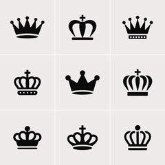 Royal Crown Icons Set – Elegant Black Vector Silhouettes for Luxury and King-Themed Designs