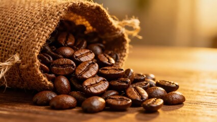 Roasted coffee beans spill from a burlap sack onto a wooden surface, showcasing a warm, inviting scene.