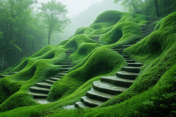 Stairs leading up a lush green hillside framed by trees.