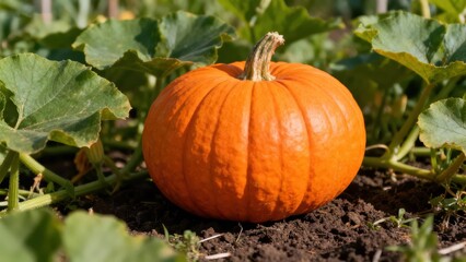 A vibrant orange pumpkin rests on the ground amidst lush green foliage.