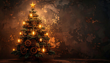 Steampunk Christmas Tree with Gears and Lights A Retro-Futuristic Holiday Celebration with Vintage Charm