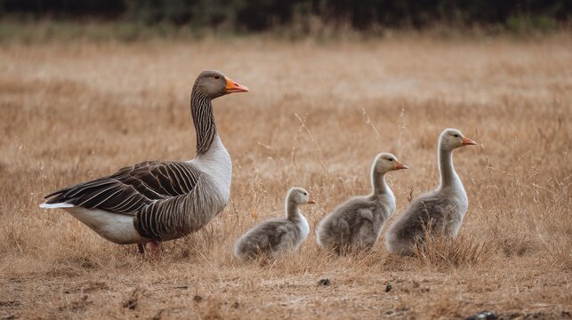 Family of canada geese walking near a calm lake surrounded by green grass and natural wildlife, adult geese leading goslings in a serene outdoor environment - Powered by Adobe