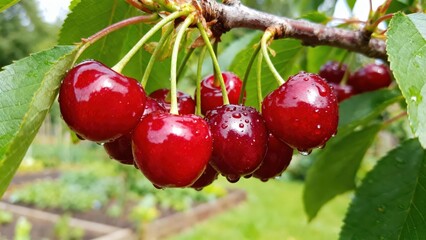 Fresh, juicy cherries, glistening with water droplets, hang from a branch laden with fruit against...