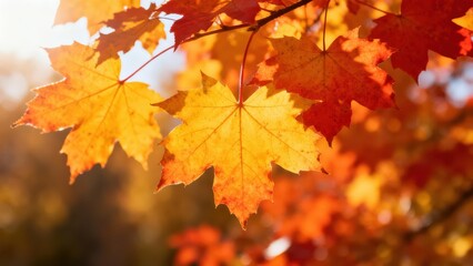 Vibrant autumn leaves, ablaze with hues of orange and red, bathed in the golden sunlight.