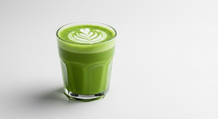 Vibrant green matcha latte art shines brightly against a stark white background. AI Generated