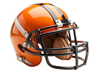 Fototapeta premium Orange American Football Helmet With Face Mask And Brown Padding sports equipment isolated on a transparent background