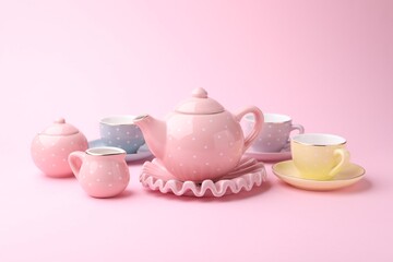 Beautiful tea set on pink background. Child's toy