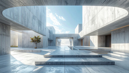 Abstract contemporary architecture featuring geometric concrete forms, an oval skylight, and a tranquil courtyard