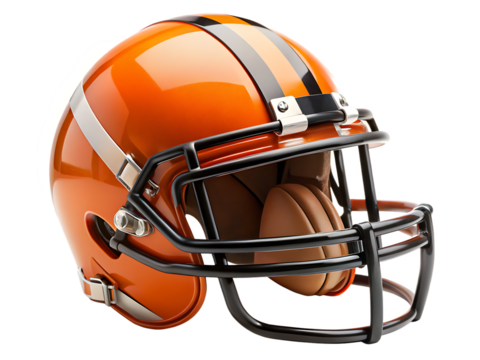 Orange American Football Helmet With Face Mask And Brown Padding sports equipment isolated on a transparent background