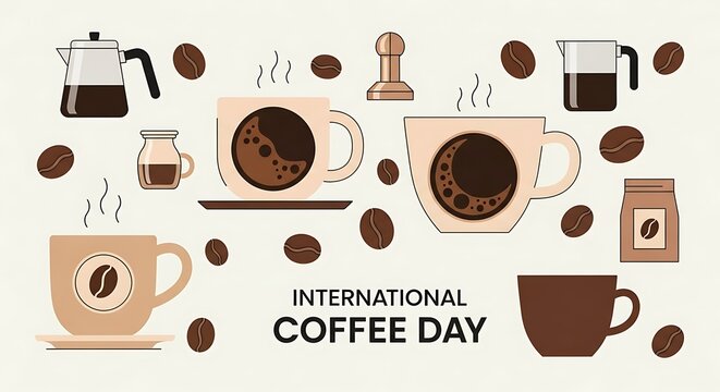 coffee, espresso machine, french press, mug, beans, percolator, cafetière, café, caffeine, latte, cappuccino, barista, morning, breakfast, International Coffee Day, illustration, minimalist, flat desi