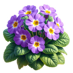 Vibrant purple primroses with lush green leaves, showcasing detailed botanical illustrations in a close-up composition against a dark background.