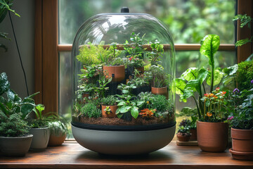Plants contained in a glass dome.