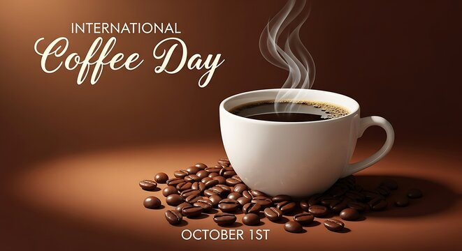 a steaming mug of hot coffee, coffee beans scattered on a wooden surface, text "International Coffee Day" in a warm, elegant font, background in soft, earthy tones
